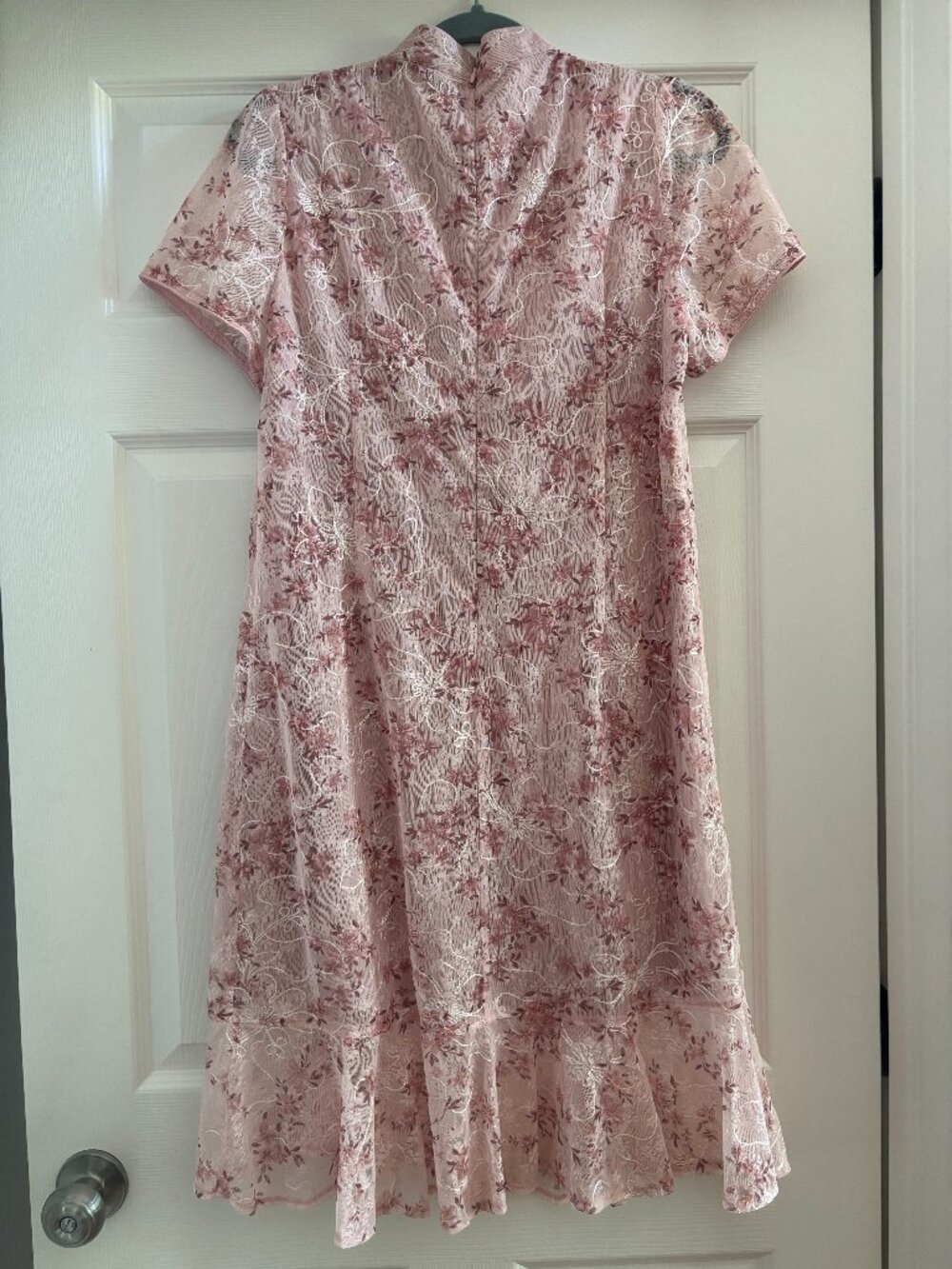 Modern Cheongsam Qipao-Inspired Lace Dress Pink Floral Ruffle Hem M